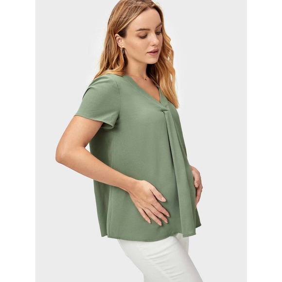 Maternity Solid V Neck short sleeve Blouse light green - Picture 3 of 11